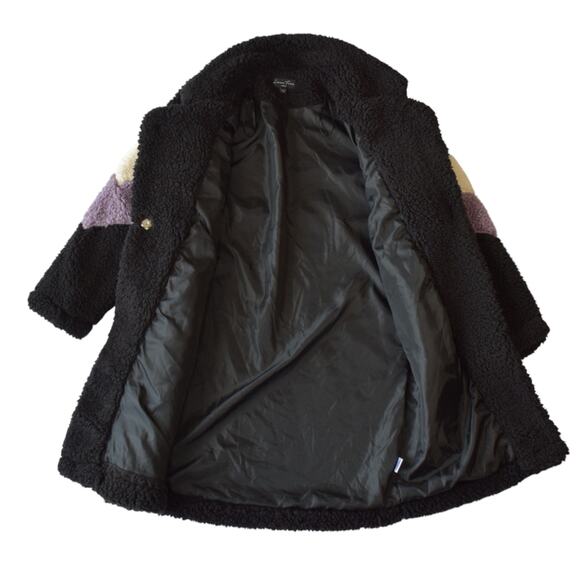 Love Tree Sherpa Colorblock Long Coat – Black/Purple/Cream (Small) - Picture 3 of 5